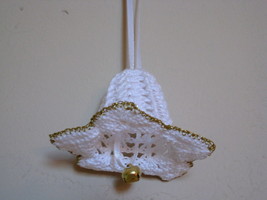 Decor Flower Ornament 2&quot;x3&quot; white w/ gold trim bell and white ribbon Gif... - £10.12 GBP