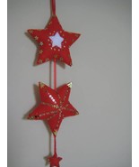 Star Trio Ornament Felt stuffed beads two sided 17&quot; red white gold colors - £23.86 GBP