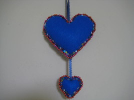 Heart Double Ornament Felt stuffed beads two sided 7.5&quot; blue colorfull b... - £15.68 GBP