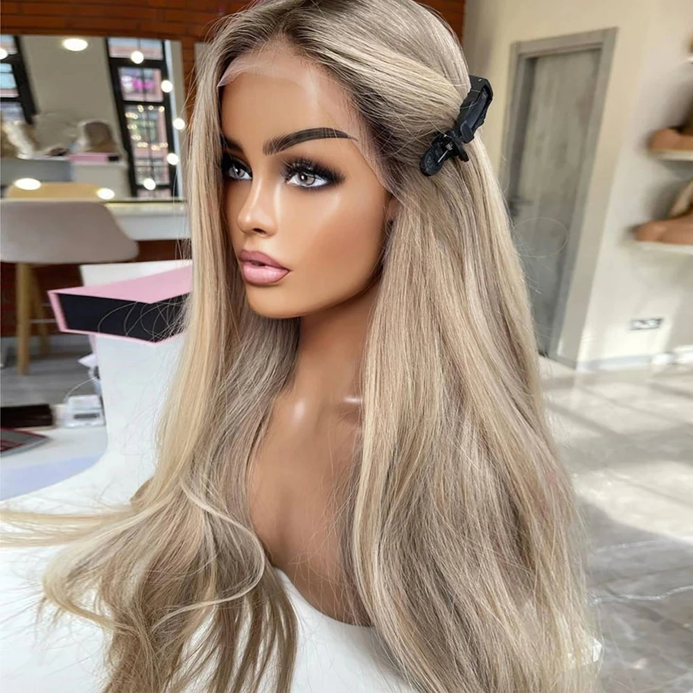 Ash Blonde Ombre Straight Synthetic Hair Lace Front Wigs Highlight Glueless Lace - £57.32 GBP+