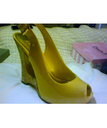 NEW BEAUTIFUL Yellow Patent Cork Platform Wedge Cut-out adjustable buckle Heel   - $275.00