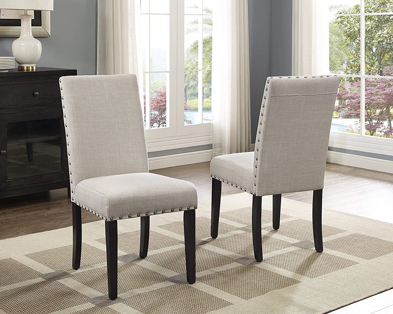 Primary image for Biony Tan Fabric Dining Chairs With Nailhead Trim, Set Of 2, By Roundhill