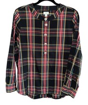 J. CREW Jeweled Button Popover Top Stewart Tartan Plaid Long Sleeve Stre... - $30.49