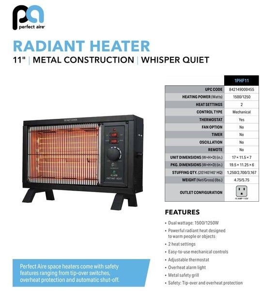 Perfect Aire 1PHF11 Indoor Electric Infrared Heater 1500W 120V 12.5A Ste... - $52.46
