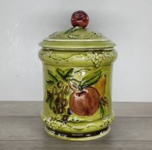 Vtg Geo Z Lefton Ceramic Green Embossed 9&quot; Canister w/ Lid - Fruit Apple Pear - £20.39 GBP