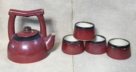 Pier 1 Shanghai Tea Set Red Beige Distressed Look Teapot w Four Mugs - $25.74
