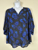 Torrid Womens Plus Size 4 (4X) Blk/Blue Floral Pocket V-neck Blouse 3/4 ... - $22.50