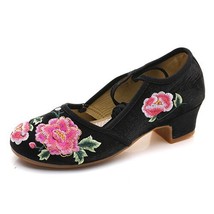 Veowalk Women Floral Embroidery Flock Cotton 4.5cm Mid Block Heel Shoes Retro La - £22.61 GBP