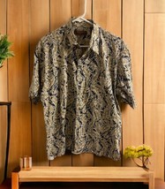 Tori Richard Shirt Men&#39;s Large Blue Green Tan Leaves Hawaiian Honolulu Cotton - £22.12 GBP