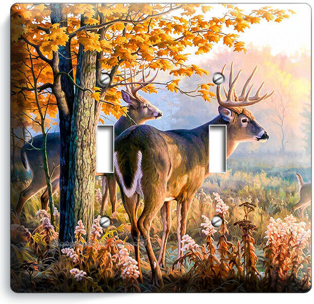 WHITETAIL DEER BUCK AUTUMN FOREST 2GANG LIGHT SWITCH WALL PLATE CABIN ROOM DECOR