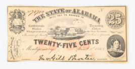 1863 State of Alabama Twenty-Five Cents confederate Fractional Currency - $104.53