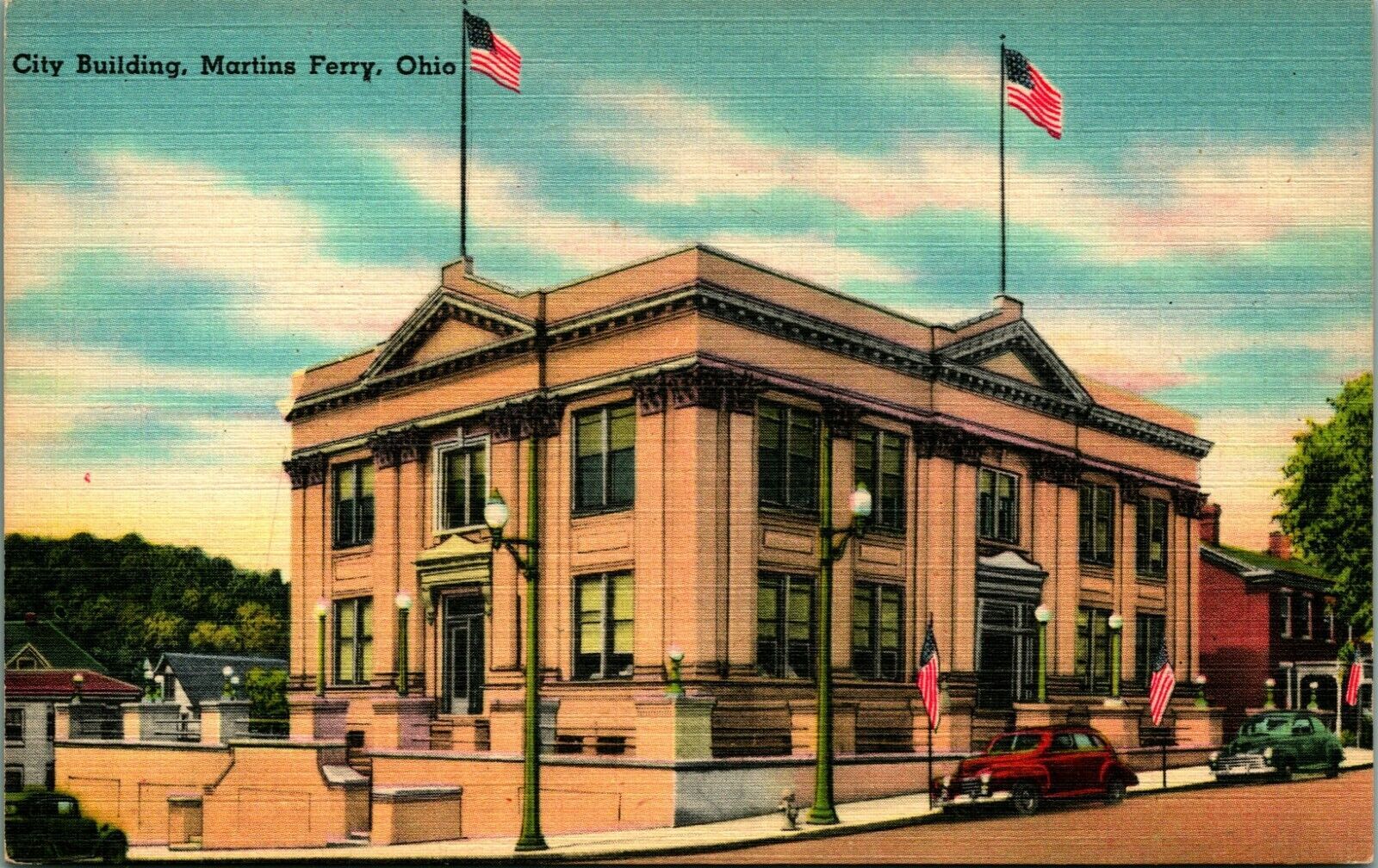Martins Ferry Ohio OH City Building Unused UNP Vtg Linen Postcard