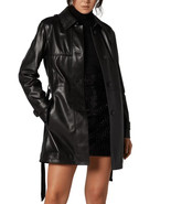Women&#39;s Leather Short Trench Black Genuine Casual Stylish Coat Handmade ... - €141,03 EUR+