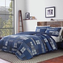 King size 100-Percent Cotton Reversible 3 Piece Blue Patchwork Quilt Set - $208.49