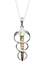 Rainbow Moonstone Pendant Staff Of Hermes Snakes Gemstone 18&quot; Chain 925 Silver - £38.15 GBP