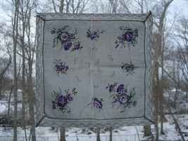 Vintage Cotton Handkerchief Purple Floral With Crochet Lace Edging 9&quot; By 9&quot; SQ - £8.64 GBP