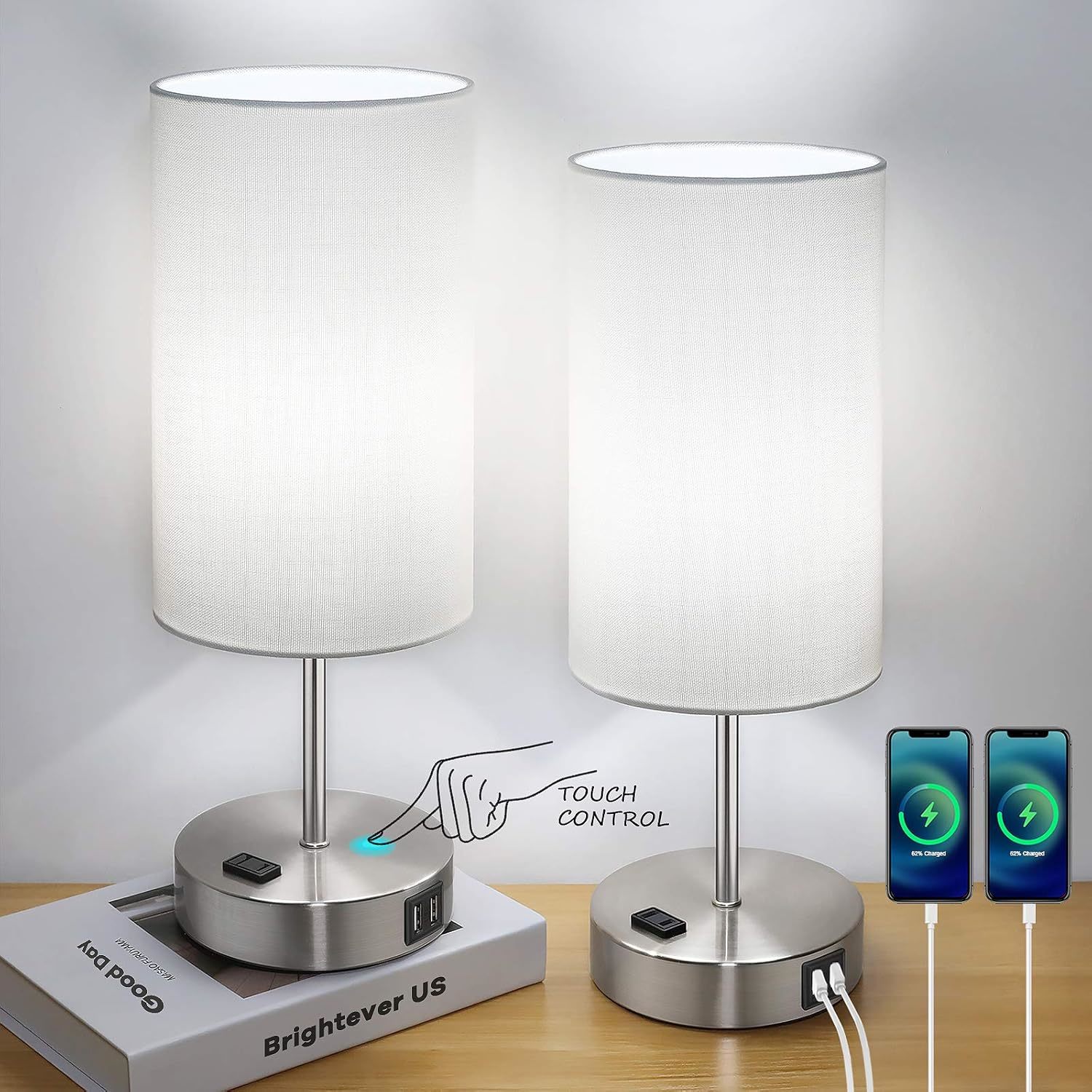Set Of 2 Touch Control Table Lamps With 2 Usb Charging Ports&Ac Outlet, 3-Way Di
