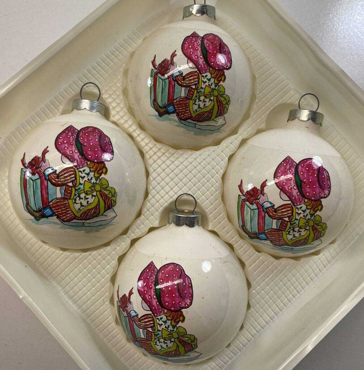 Primary image for Vintage RAUCH Lot of 4 Glass Ball Ornaments Bonnet Girl w/Present