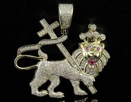 1.50 CT Round Cut Diamond King Lion Cross 1.5&quot; Pendant 14k Yellow Gold Finish - £119.96 GBP