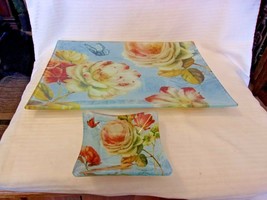 Rectangular Glass Platter and Dip Bowl Floral Pattern by Lisa Audit - $100.00