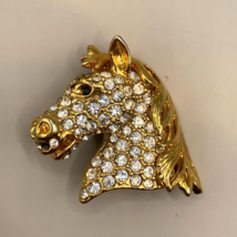Vintage Horse Head Brooch Pin Jewelry Gold Tone Pave Rhinestone - £19.48 GBP