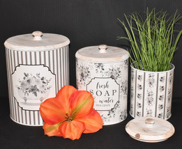 Gray White Floral &amp; Stripe Lidded Canisters Set of 3 Metal &amp; Wood Canisters New - £44.10 GBP