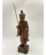 Vintage Hand Carved Wooden Statue Asian Man Fishing Figurine 12&quot;H - $49.33 CAD