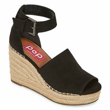 Pop Women&#39;s Damera Wedge Sandals Size 9M Black Ankle Buckle Comfort Fit - £37.00 GBP