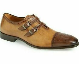 Double Buckle Straps Two Tone Cap Toe Premium Leather Monk Men Formal Shoes - £141.54 GBP