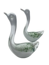 Art Glass Swan Cased Teal Green Aqua White Hand Blown Pair - $28.00