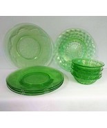 1930s (4) Jeannette Green Dessert Bowls 4 Cathedral Green Glass 1 Diamon... - $140.78