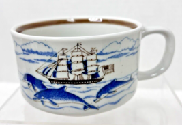 Vintage Otagiri Japan Sailing Ship Cobalt Blue Dolphins Coffee Soup Mug ... - $24.26
