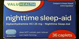 ValuHealth Nighttime Sleep Aid Diphenhydramine HCI 25mg 36-Count SAME-DA... - $7.69