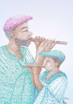 Playing the flute / Father and Son / Mentor/ Drawing - £236.07 GBP