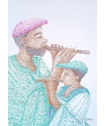 Playing the flute / Father and Son / Mentor/ Drawing - £231.67 GBP