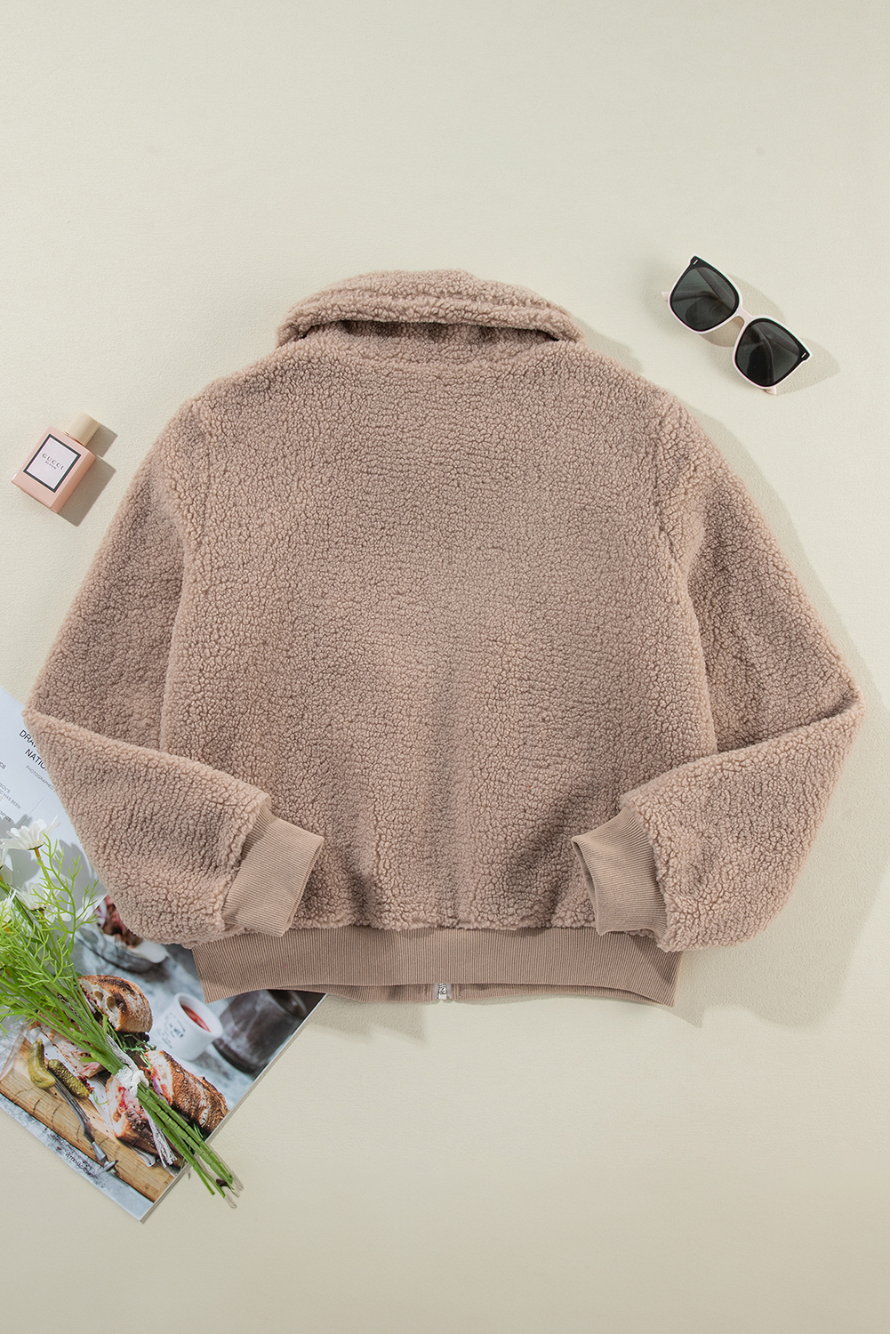 Light French Beige Zipper Pocketed Winter Fuzzy Jacket Item image 5