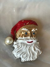 Vintage Goldtone &amp; Enamel Santa Claus Head w Blue Rhinestone Eyes &amp; Large Pearl - £11.05 GBP