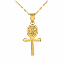 14K Solid Yellow Gold Ankh Cross CZ Tree of Life Pendant Necklace - £140.63 GBP+