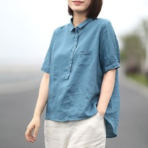 Women Summer Cotton Linen Blouse Shirt Casual Solid Elegant Chemise Sleeve Tops - £28.26 GBP