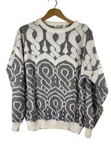 Vintage 1980s Sweater Medium Giro Geometric All Over Pattern Gray &amp; White - $37.09