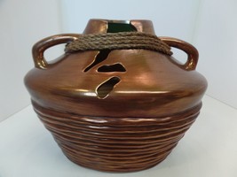 Unbranded Copper Colored Ceramic Decorative Vase Ribbed W Rope Accents Holes - £47.48 GBP