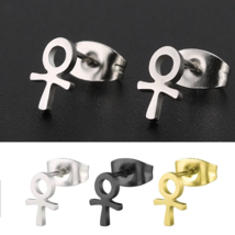 Mens Womens Small Ankh Cross Stud Earrings Egyptian Jewelry Stainless Steel 2Pcs - £7.09 GBP+