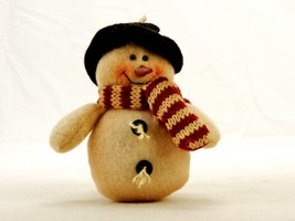 Plush Snowman Christmas Ornament, Real Knit Scarf and Felt Hat, Rosy Cheeks - £15.62 GBP