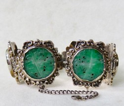 Antique Art Deco Chinese Carved Rich Green Jadeite &amp; Ornate Silver Bracelet - £1,937.49 GBP
