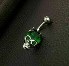 14K White Gold Plated 1.00Ct Round Cut Simulated Emerald Skull Belly Rin... - £71.21 GBP