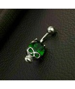 14K White Gold Plated 1.00Ct Round Cut Simulated Emerald Skull Belly Rin... - £71.12 GBP