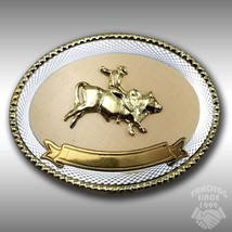 Vintage Belt Buckle Oval Bull Rider Rope Border Rodeo Western Cowboy Gold And - £31.67 GBP