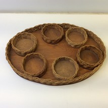 Vintage Bamboo Rattan Round Tray 14 x 11 with 6 Coasters 3 1/2&quot; diameter - £38.91 GBP
