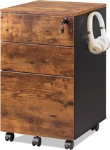 Devaise 3 Drawer Rolling File Cabinet With Lock, Rustic Brown Wood Under Desk - £93.36 GBP