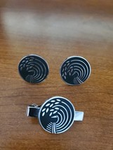 Vintage Swank Cuff links &amp; Tie Tack, Silver &amp; Black Wheat Swirl Leaf Design - £7.52 GBP